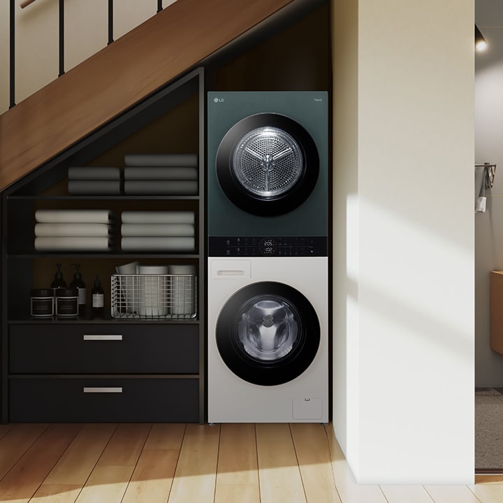 Wash tower installed in high-end interior laundry room	