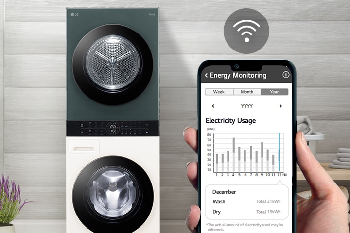 A washer sits in a laundry room. A hand holding a phone shows the screen to the camera and the screen displays the maintenance information and energy usage with a WiFi symbol above the screen.