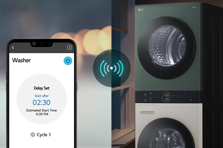 An image on the left shows a man looking down at his phone. The image on the right shows the washer at home with a green light on the display. At the center of the two images in a picture of the screen of the phone which shows the washer on the LG ThinQ app and a connectivity icon.