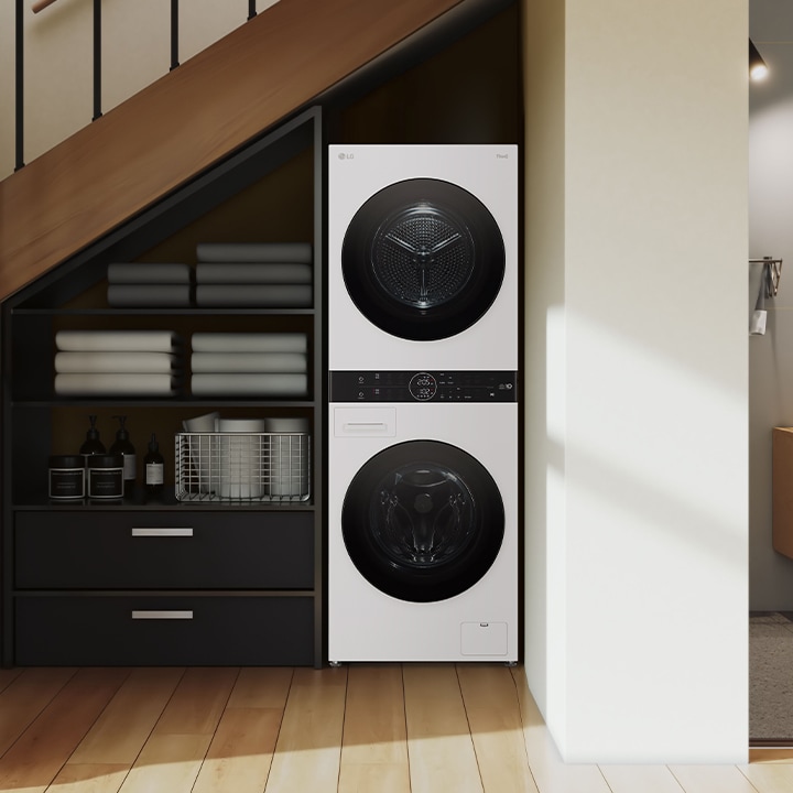 Wash Tower installed in the laundry room under the stairs on the 1st floor