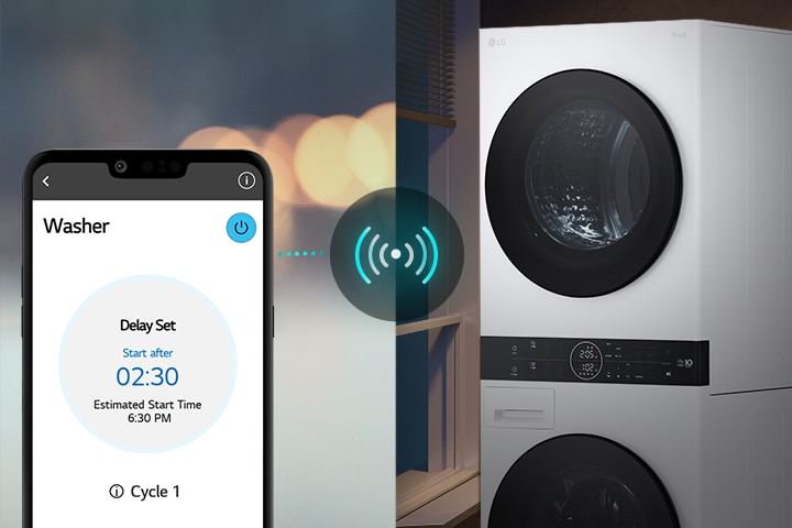 Smartphone displays LG washer delay start at 2:30, with washer on the right in a dimly lit room.