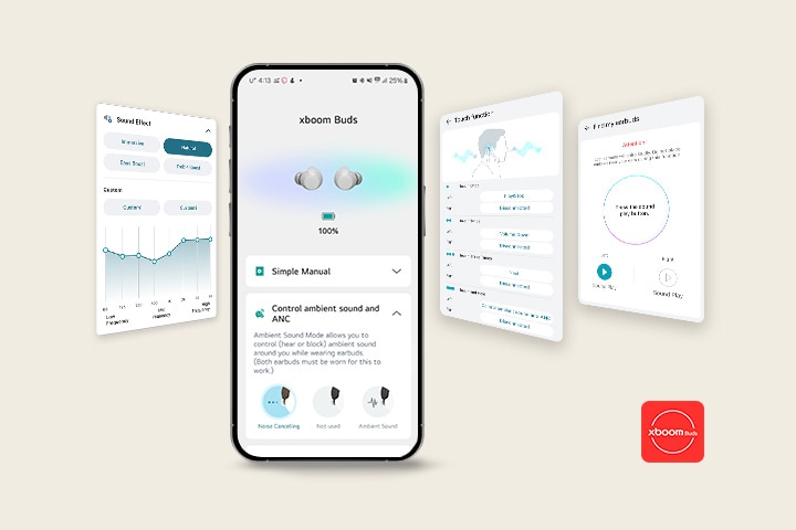 On a cell phone stays xboom Buds app's main screen. To the left there's the same app's Sound Effect adjustment feature UI image and to the right there're Touch function and Find my earbuds feature UI images each.