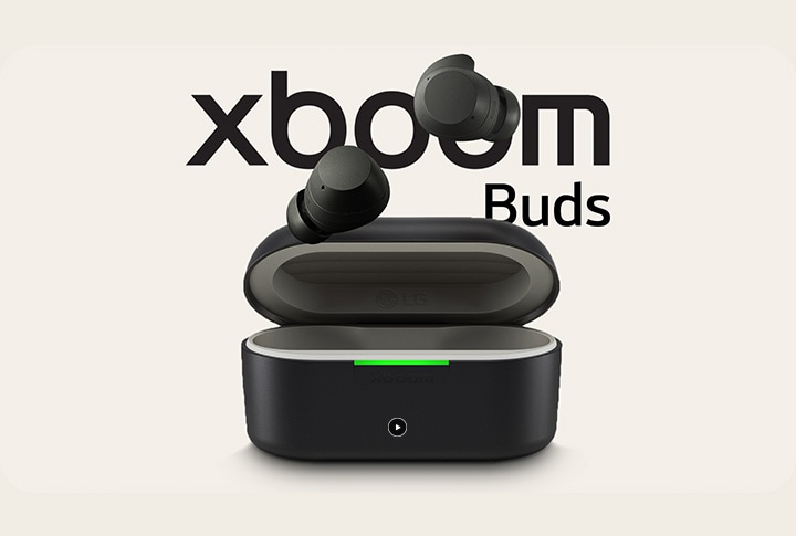 xboom buds' cradle is placed fully open with two ear buds floating above.