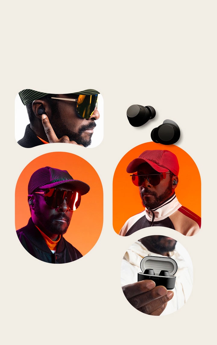 On the left above will.i.am's rear face stays looking at his left side, wearing sunglasses and pointing ear buds in his ear with his index finger. On the right above two white earbuds' images stays. In the middle-left will.i.am's portrait image is placed facing the front, wearing earbud, cap and sunglasses. In the middle-right will.i.am's another portrait image stays also wearing earbud, cap and sunglasses. Below xboom Buds' cradle with earbuds within stays in will.i.am's hand.	