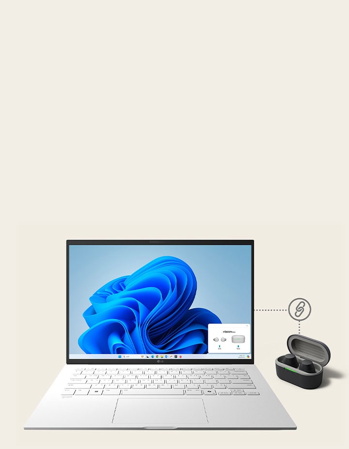 A white laptop, LG gram is powered on in the center and shows xboom Buds app's connected screen on the bottom right. Beside the laptop a white xboom Buds' creadle with a pair of earbuds is placed and a 'connected' sign is drawn between them.	