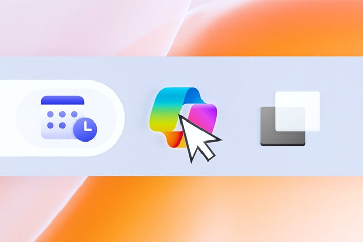 The image features a user interface segment, showcasing icons in a taskbar or app launcher. The center icon, highlighted with a cursor, represents the Windows Copilot, a colourful symbol indicating AI-powered assistance.