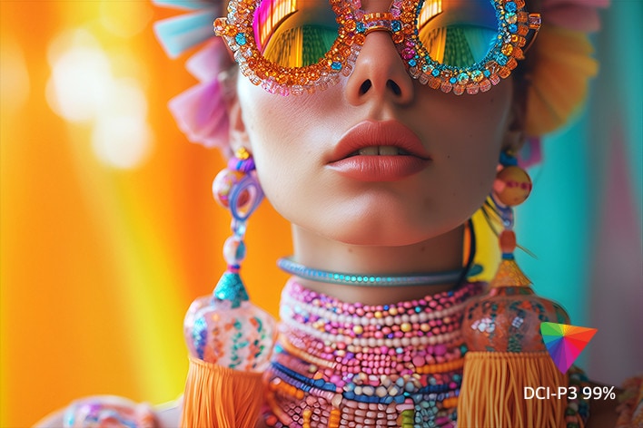 A vibrant close-up of a person wearing colourful accessories and reflective sunglasses, showcasing vivid, lifelike colours. The image emphasises the DCI-P3 99% colour gamut, highlighting accurate and rich colour reproduction