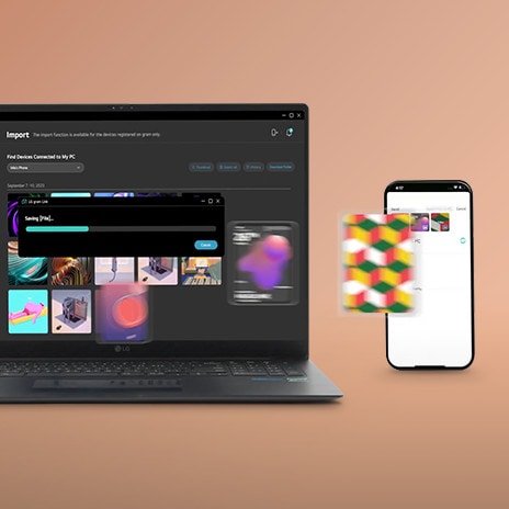 This image shows a laptop and a smartphone wirelessly sharing files. The laptop screen displays a file transfer progress window, while the smartphone screen shows a gallery of received files. A blurred, colourful file icon appears mid-transfer, illustrating the wireless sharing process.