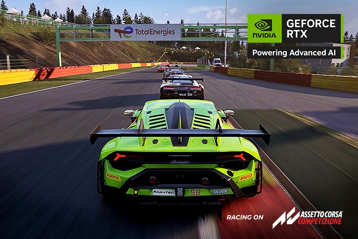 A racing scene from Assetto Corsa Competizione showing a bright green sports car leading a line of cars on a track. The NVIDIA GeForce RTX logo with the phrase “Powering Advanced AI” is displayed in the top right corner.
