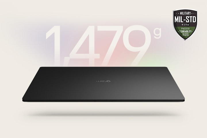 An animation showcasing a lightweight laptop with '1,479g' displayed in the first frame and '14.5mm' thickness in the second frame. Both frames include the MIL-STD durability badge, emphasising portability and durability.