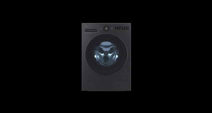 An LG washing machine is positioned centrally with a front view, and the inner drum light is turned on.