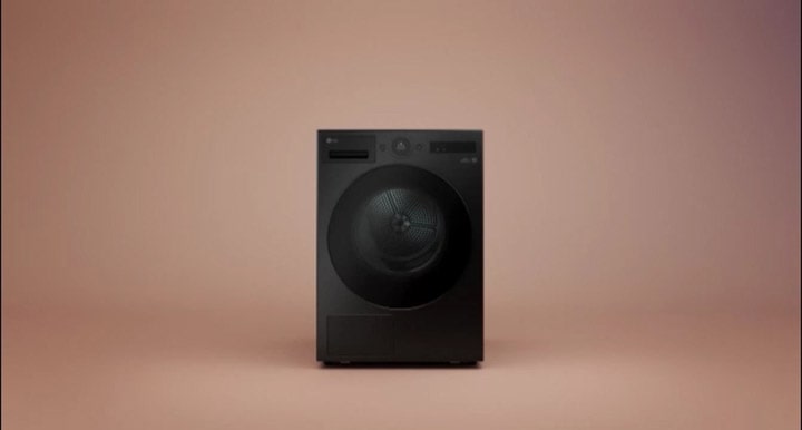 An LG dryer is placed at the center of a minimalistic and bright space.