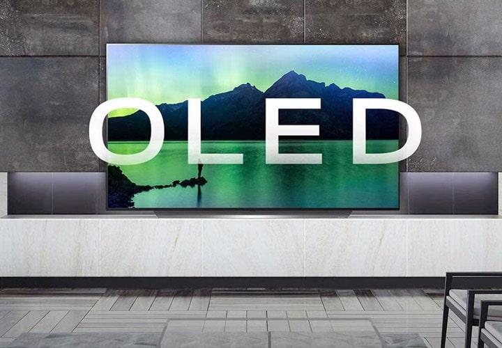An LG OLED TV with a landscape in-screen image.