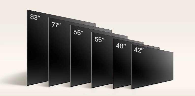 Staggered arrangement of OLED TV panels displaying screen sizes of 42, 48, 55, 65, 77, and 83 inches, labelled in ascending order from smallest to largest.