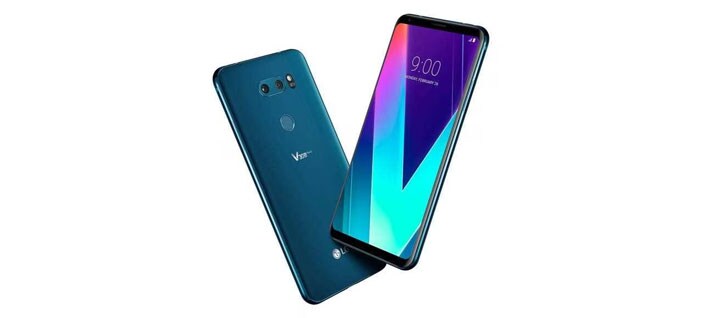 A dynamic angle of new lg v30s thinq image in moroccan blue.