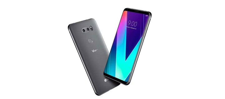 A dynamic angle of new lg v30s thinq image in platinum gray.