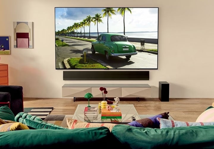 A large LG OLED TV that fits perfectly in a living room