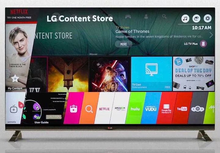 A front view of lg 4k super uhd tv showing its smart tv screen. 