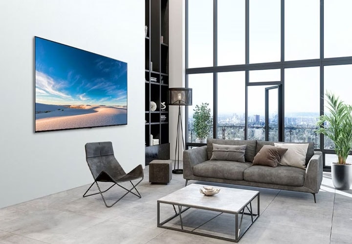 A QNED MiniLED LG TV displays vivid colours in natural lighting.