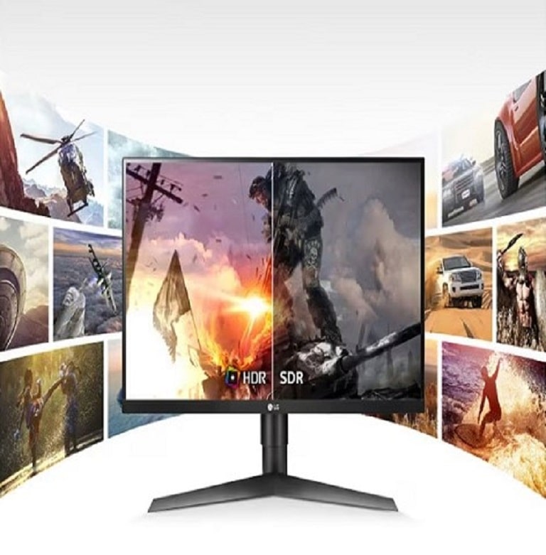 LG budget gaming monitor displaying HDR and SDR comparison, highlighting immersive gaming experience and wide viewing angles.