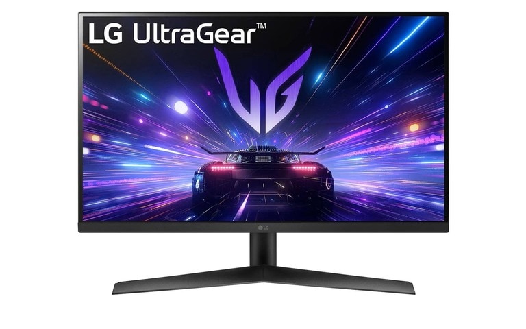 An LG UltraGear gaming monitor with a sleek black design and a vibrant display showing a futuristic car racing through a digital world, emphasising its fast and immersive graphics performance.