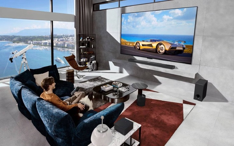 Luxurious living room with an LG AI TV and advanced sound system, creating a cinematic experience with vibrant visuals and powerful audio.