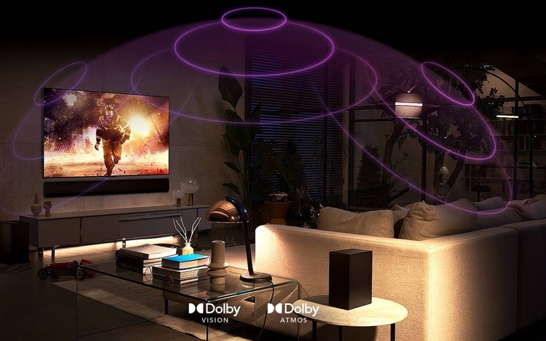 A cozy living room featuring an LG TV with Dolby Vision and Dolby Atmos, showing a cinematic scene of a firefighter running through flames, with purple sound waves illustrating an immersive audio experience