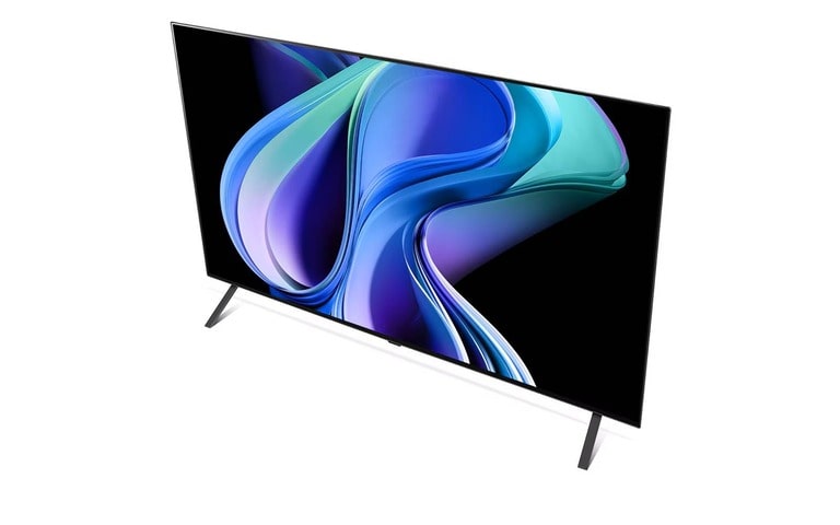 An LG flat-screen TV from an angled top-down view, displaying a vibrant abstract design with swirling shapes in shades of blue, purple, and teal. The TV has slim legs and a sleek frame, emphasising its modern, minimalist style.