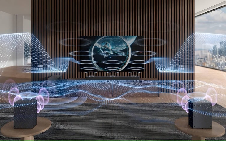 A modern living room with an LG TV displaying a space-themed image, surrounded by a visualization of immersive audio waves emanating from speakers, illustrating a surround sound experience