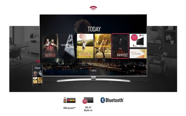 An LG Smart TV displaying a selection of movies and apps on its interface, with icons for Miracast, built-in Wi-Fi, and Bluetooth technology shown below, emphasising connectivity features and smart capabilities.