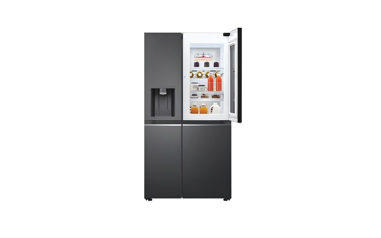 An LG refrigerator with the right door partially open, revealing the "door-in-door" feature. The compartment is stocked with drinks, condiments, and dairy products for easy access. The refrigerator also includes a built-in water and ice dispenser on the left side, showcasing its sleek, modern design.