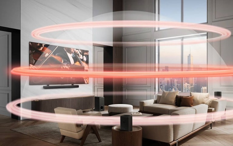 A modern living room featuring an LG TV with a soundbar, showcasing a visualization of immersive sound waves encircling the room, illustrating a surround sound audio experience