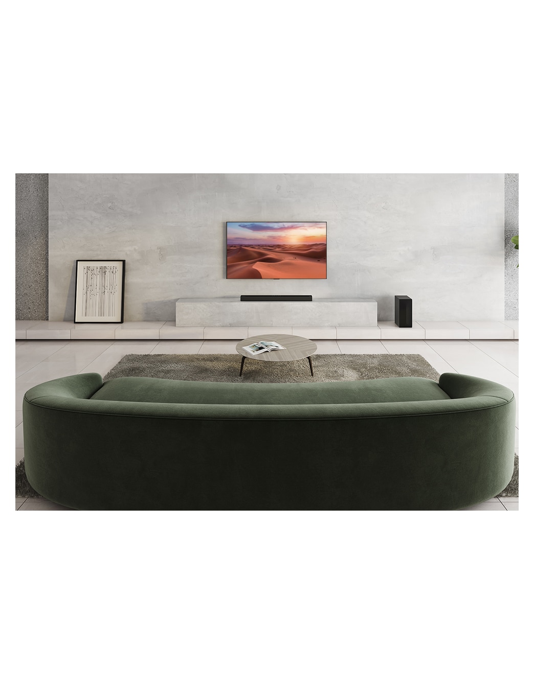 S65Q Soundbar underneath an LG TV in a clean, white sitting room with a green sofa in the foreground