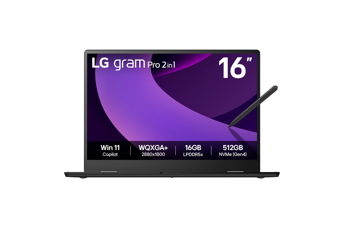 Front view of 16" LG gram Pro 2in1 Laptop, 32GB RAM, Intel® Core™ Ultra Processor, gram Hybrid AI, Obsidian Black with stylus pen