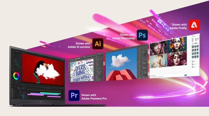 Thanks to AI performance with the Intel Core Processor, you can generate AI images and process heavyweight programs like Adobe Premiere Pro, Adobe Illustrator, and Adobe Firefly. 