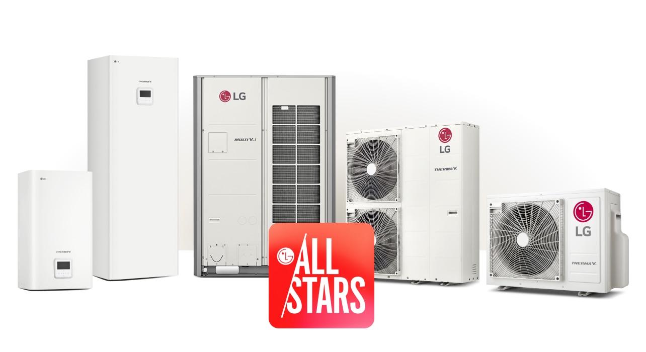 There is the LG All Stars logo in the center and five LG Air to Water Heat Pump THERMA V are listed behind it.