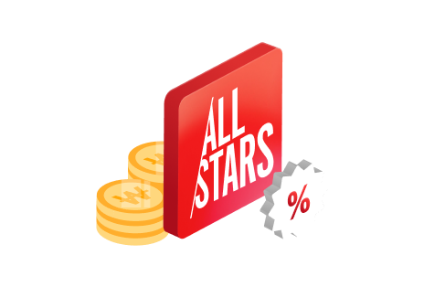 There are several coins stacked on the left, LG All Stars logo in the middle, and percentage symbol inside the white star-shaped on the right.