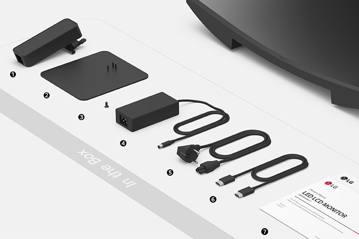 Stand body, Stand base, Screws, Power adapter, Power code, HDMI cable and Setup guide in the box.