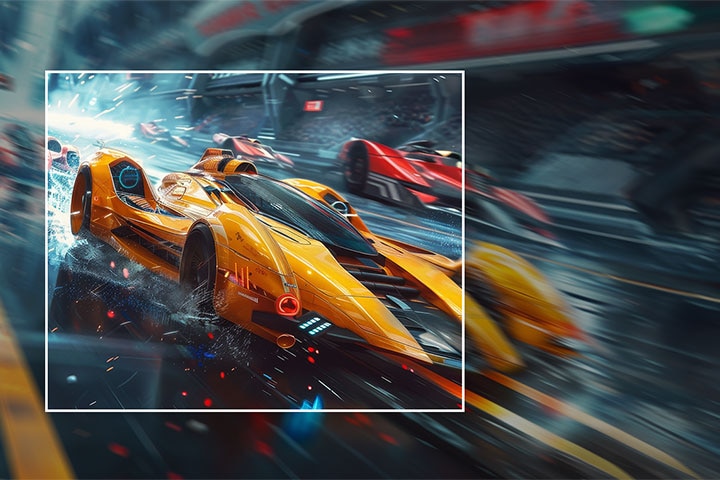 A yellow racing car is shown speeding forward on the screen, with the inside of the white square box being clearly expressed and the outside being blurred.