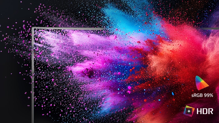 An image showing the monitor's gorgeous colors, with purple, red, and blue ink bursting out in front of the monitor, and the sRGB99% logo and HDR logo on the bottom right.