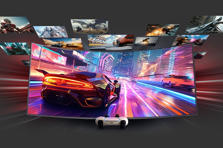 A curved gaming monitor shows a racing game with a red supercar in a neon-lit city. Other game scenes float around the screen. A white console controller is placed in front, highlighting console play.