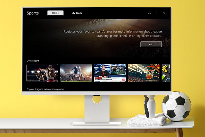 The LG Smart Monitor screen is showing live sports channels.