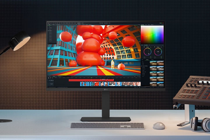 Front view of a black LG monitor on a desk, displaying a colourful 3D editing interface, with a lamp, keyboard, audio mixer, and headphones nearby.
