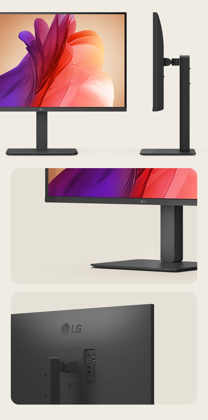 Front, side, and detail views of a black LG monitor with a sleek stand and minimal back panel design.