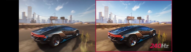 It shows two compared animations, a car running in the game. The two animations look the same, but the first one that does not apply a 240Hz refresh rate is less clear than another.