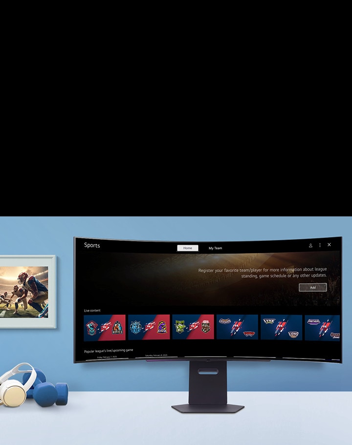 The smart monitor screen placed on the table displays the SPORTS APP screen.
