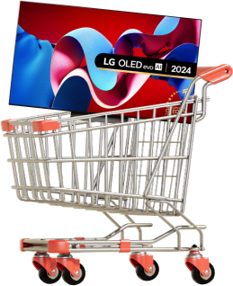 An LG OLED C4 TV is placed inside a shopping cart.