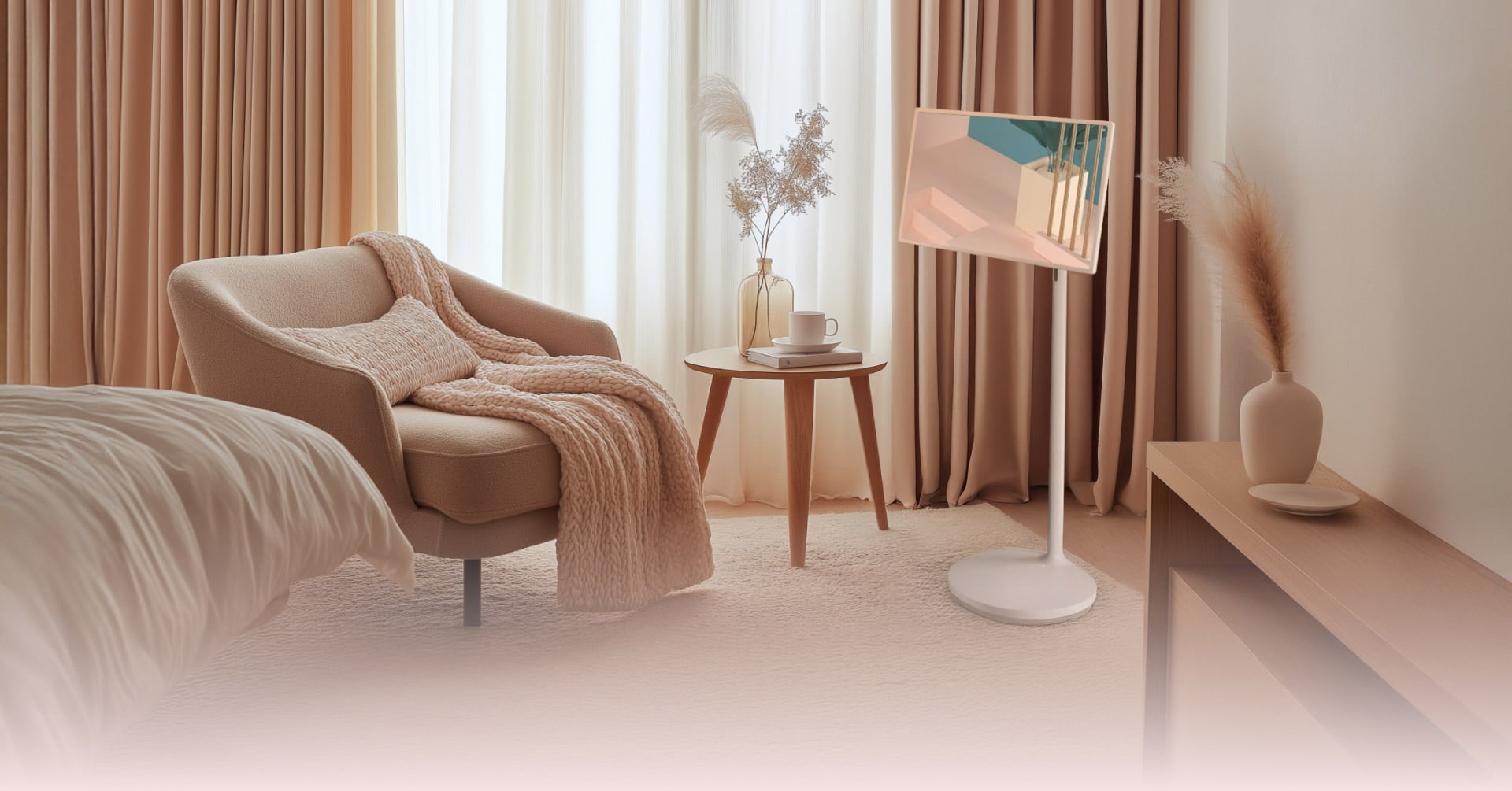 Elegant bedroom with an LG StanbyME placed near a cozy chair, soft lighting, and minimalistic decor creating a serene atmosphere.