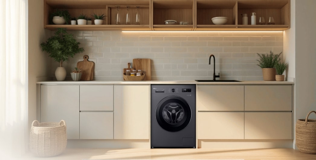 LG washing machine in a modern kitchen with beige cabinets and warm lighting, showcasing sleek integration and functionality.