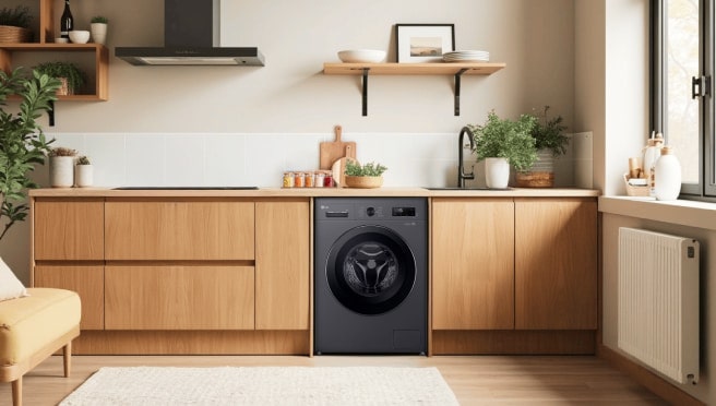 LG washing machine in a bright kitchen with wooden cabinets and greenery, blending seamlessly with the natural decor.